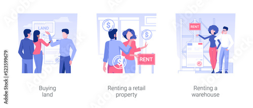 Real estate deals isolated concept vector illustration set. Buying land  renting a retail property and a warehouse  realtor services and brokerage company  money investment vector cartoon.