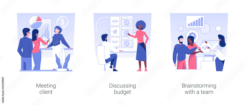 IT project management isolated concept vector illustration set. Meeting client, discussing budget, brainstorming and briefing with team, software development, teamwork organization vector cartoon. IT project management isolated concept vector illustration set. Meeting client, discussing budget, brainstorming and briefing with team, software development, teamwork organization vector cartoon.