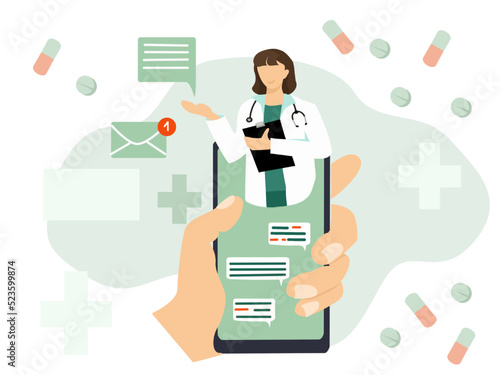 Humane Hand holding a smartphone with video call to family doctor. Online medicine concept. Vector 