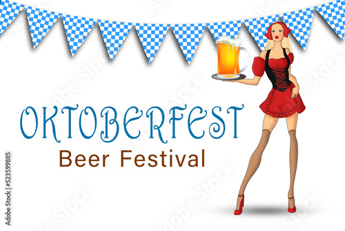 Oktoberfest. Beer Festival. A beautiful waitress is holding a glass of beer on a white background.
