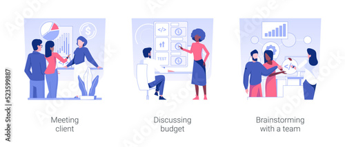 IT project management isolated concept vector illustration set. Meeting client, discussing budget, brainstorming and briefing with team, software development, teamwork organization vector cartoon.