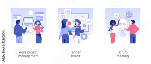 Software development planning isolated concept vector illustration set. Agile project management, kanban board, stand up scrum meeting in office, manage IT project, teamwork vector cartoon.