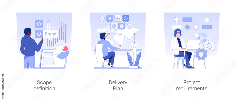IT business analysis isolated concept vector illustration set. Scope definition, delivery plan, project requirements, startup development, data management, stakeholder analysis vector cartoon. IT business analysis isolated concept vector illustration set. Scope definition, delivery plan, project requirements, startup development, data management, stakeholder analysis vector cartoon.