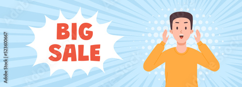 Horizontal website banner about big sale with amazed man flat style