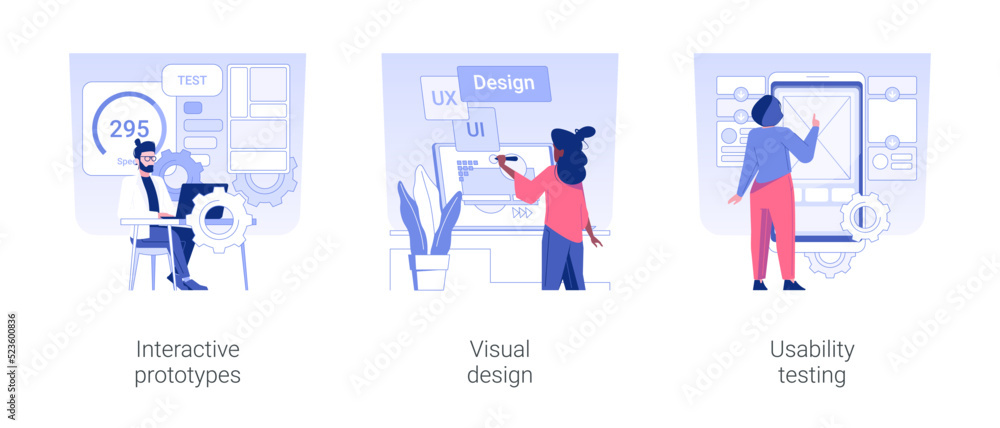 Fototapeta premium UX designer services isolated concept vector illustration set. Interactive prototypes, visual design, usability testing, user experience, style guide creation, software development vector cartoon.