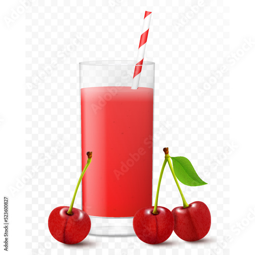 Glass of fresh cherry juice with berries and striped straw for cocktails, isolated on transparent background. Smoothies of red cherry. Realistic 3d vector illustration for advertising
