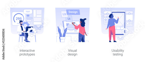 UX designer services isolated concept vector illustration set. Interactive prototypes, visual design, usability testing, user experience, style guide creation, software development vector cartoon.