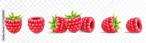 Collection of ripe raspberries isolated on background. Natural summer fruit, realistic 3d vector illustration. Ingredient for juices, jams, yogurts, compotes. Mockup for package