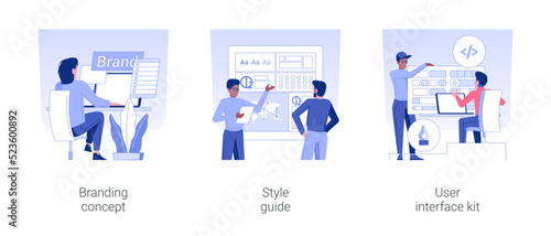 UI design isolated concept vector illustration set. Branding concept, style guide, user interface kit, graphic designer creating logo, color scheme, wireframe and prototype vector cartoon.