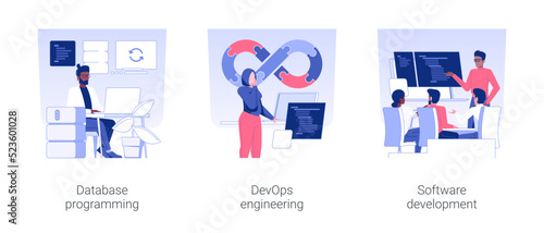 Back end development isolated concept vector illustration set. Database programming, DevOps team, application software engineering, coding database, teamwork in IT company vector cartoon.