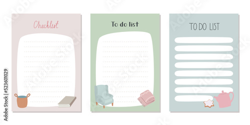 Set of planners and to do list with home interior decor illustrations.