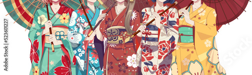 Group of anime manga girls in traditional Japanese kimono costume holding paper umbrella. Vector illustration on isolated background