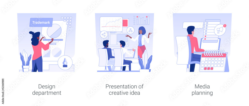 Advertising agency services isolated concept vector illustration set. Design department, presentation of creative idea, media planning, creating logo, promotional media calendar vector cartoon. Advertising agency services isolated concept vector illustration set. Design department, presentation of creative idea, media planning, creating logo, promotional media calendar vector cartoon.
