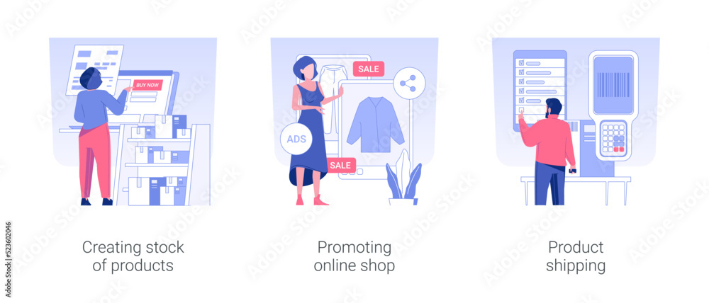 Drop shipping isolated concept vector illustration set. Creating stock of products, order processing, promoting online shop, product shipping, buying goods, online reseller, vector cartoon.