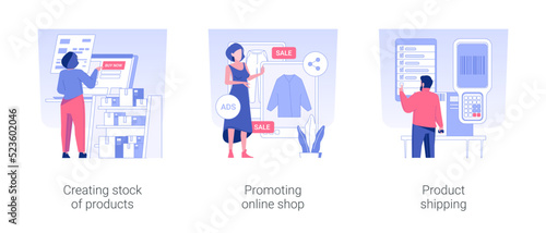 Drop shipping isolated concept vector illustration set. Creating stock of products, order processing, promoting online shop, product shipping, buying goods, online reseller, vector cartoon. © Vector Juice