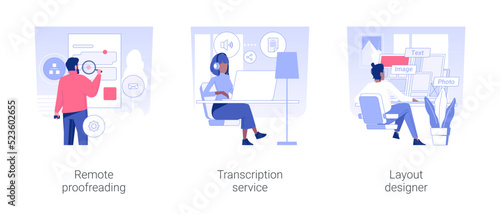Remote worker services isolated concept vector illustration set. Remote proofreading, transcription service, layout designer, articles proofreading, self-employed people vector cartoon.