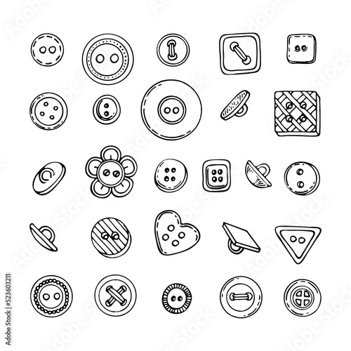 Set sewing buttons line art. Sewing accessories clothes various shapes. Hand drawn vector illustration.