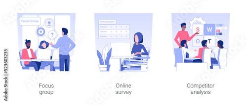 Market research isolated concept vector illustration set. Focus group, online survey, competitor analysis, online questionnaire, swot analysis, business strategy, launching product vector cartoon.