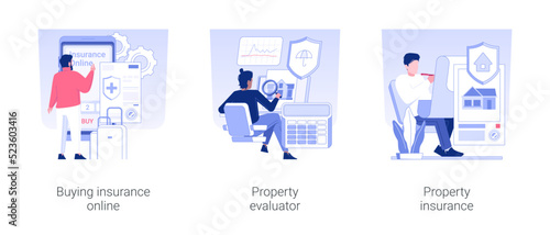 Insurance industry isolated concept vector illustration set. Buying policy online, property evaluator, real estate insurance contract, professional broker, assurance business vector cartoon.