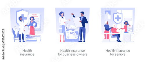 Insurance company service isolated concept vector illustration set. Health insurance, medical protection for business owners, health and life policy for seniors, meeting with doctor vector cartoon.