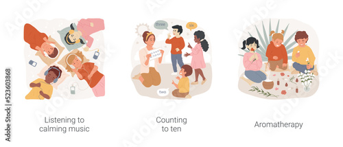 Relaxation sessions for kids with autism isolated cartoon vector illustration set. Listening to calming music, counting to ten, aromatherapy session, inclusive kindergarten vector cartoon.