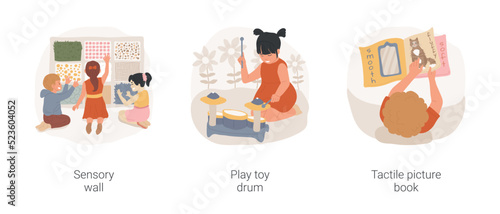 Children with autism sensory development isolated cartoon vector illustration set. Sensory wall, play toy drum, tactile picture book, fine motor skills, daycare center music therapy vector cartoon.