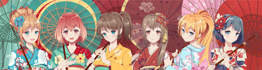 Group of anime manga girls in traditional Japanese kimono costume holding paper umbrella. Vector illustration on isolated background - obrazy, fototapety, plakaty 