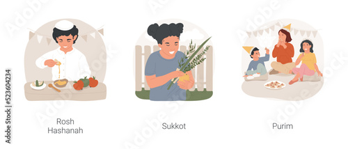 Jewish festivals isolated cartoon vector illustration set. Rosh Hashanah, Jewish New Year celebration, girl preparing for Sukkot, Feast of Ingathering, Purim traditional meal vector cartoon.