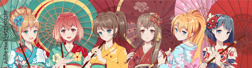 Group of anime manga girls in traditional Japanese kimono costume holding paper umbrella. Vector illustration on isolated background