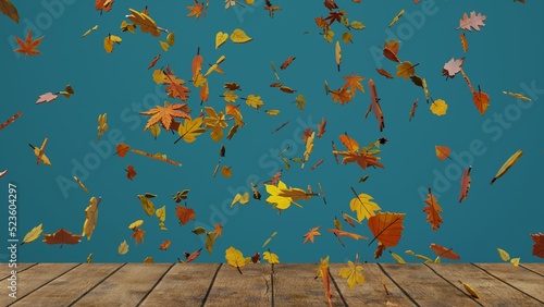 3D rendering. Lots of falling autumn leaves on a plain blue background and wooden base. Presentation template with autumn design.