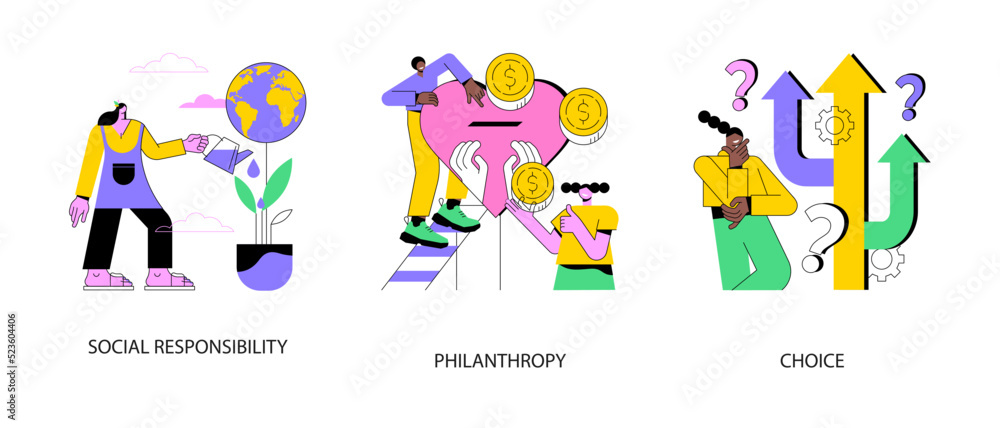 Civil duty abstract concept vector illustration set. Social responsibility, philanthropy, personal choice and decision making, donation fund, finding solution, financial support abstract metaphor. Civil duty abstract concept vector illustration set. Social responsibility, philanthropy, personal choice and decision making, donation fund, finding solution, financial support abstract metaphor.