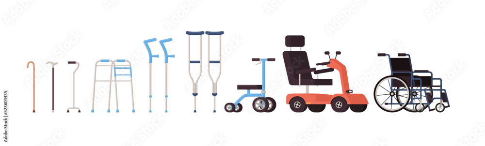 Orthopedic equipment with wheelchair and crutches, flat vector isolated.