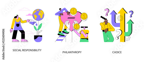 Civil duty abstract concept vector illustration set. Social responsibility, philanthropy, personal choice and decision making, donation fund, finding solution, financial support abstract metaphor.
