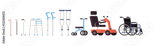 Orthopedic equipment with wheelchair and crutches, flat vector isolated. photo