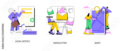 Company website menu abstract concept vector illustration set. Legal notice, newsletter website tab, maps and directions, corporate rules, user interface, subscribe for latest news abstract metaphor.