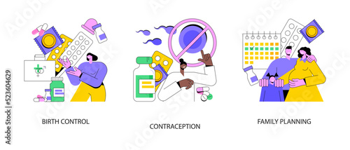 Pregnancy planning abstract concept vector illustration set. Birth control, contraception and family planning, gynecologist visit, become parents, hormonal contraception abstract metaphor.