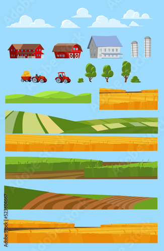 Agricultural farm and field collection, flat vector illustration isolated.