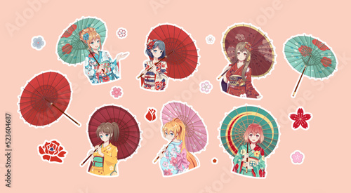 Set of stickers anime manga girl in kimono and umbrella. Cartoon Vector Illustration