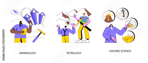 Nature science abstract concept vector illustration set. Mineralogy and petrology, natural hazard science, applied geology, rocks formation, damage and risk evaluation and research abstract metaphor.