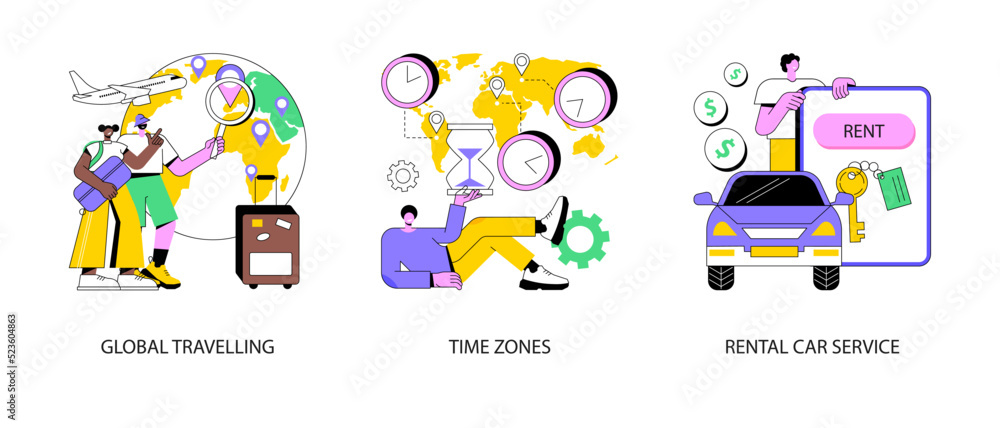 International tourism abstract concept vector illustration set. Global travelling, time zones, rental car service, travel agency, vacation resort chain, jet lag, online car booking abstract metaphor.