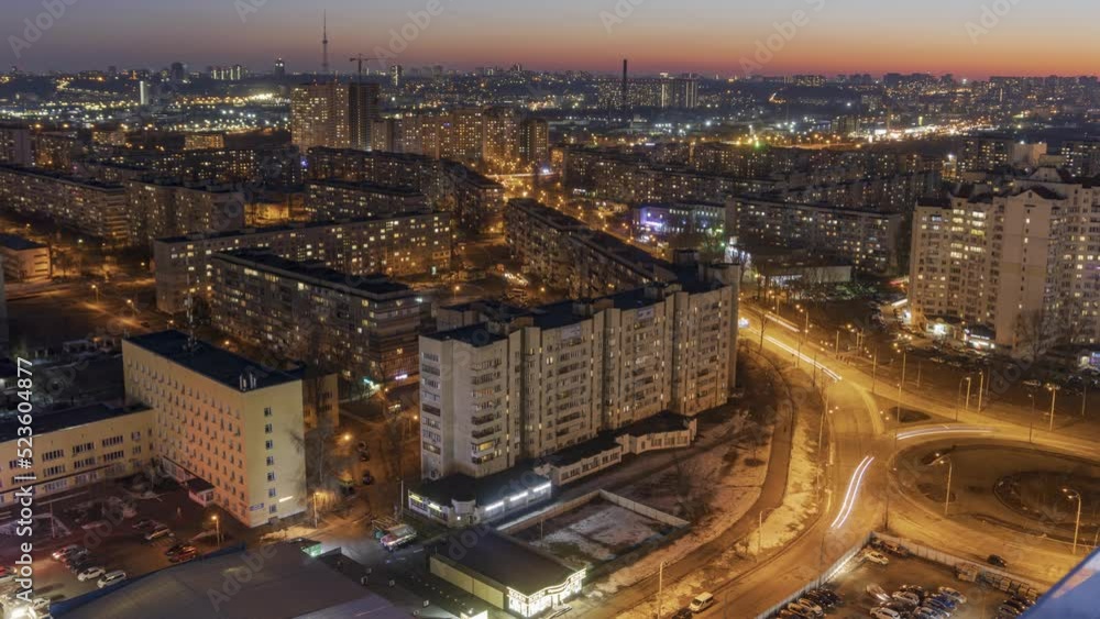 Day to night aerial Timelapse of the Night view of Obolon district and historical center of Kyiv city, Ukraine Day to night aerial Timelapse of the Night view of Obolon district and historical center of Kyiv city, Ukraine