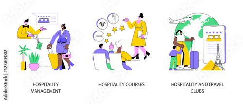 Hotel business abstract concept vector illustration set. Hospitality management and courses, travel clubs, travel office, hospitality staff training, travelers community network abstract metaphor.