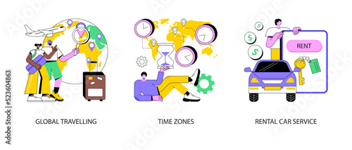International tourism abstract concept vector illustration set. Global travelling, time zones, rental car service, travel agency, vacation resort chain, jet lag, online car booking abstract metaphor.