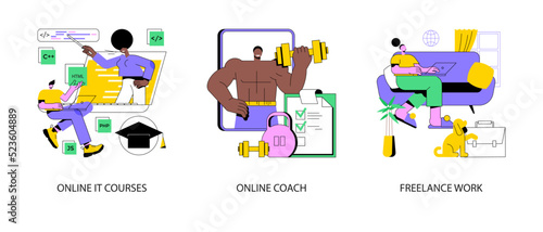 Freelancer job abstract concept vector illustration set. Online IT courses, become a professional coach, freelance work, individual learning plan, self-employment, remote work abstract metaphor.