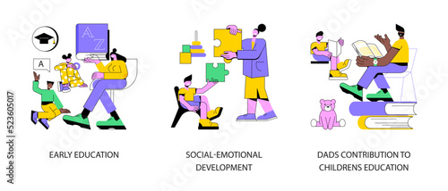 Pre-school children abstract concept vector illustration set. Early education, social-emotional development, dads contribution to childrens education, toddler creative skill, abstract metaphor.