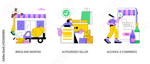 Retail business abstract concept vector illustration set. Brick and mortar, authorized seller, alcohol E-commerce, manufacture license, commercial partnership, liquor store, grocery abstract metaphor.