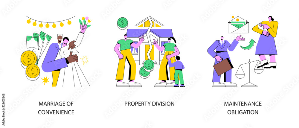 Obraz premium Spousal agreement abstract concept vector illustration set. Marriage of convenience, property division, maintenance obligation, financial motivation, separation process, alimony abstract metaphor.