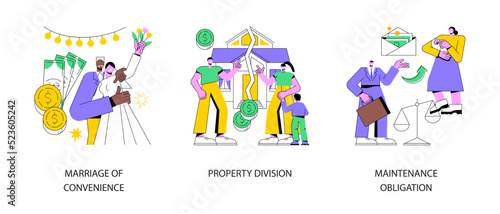 Spousal agreement abstract concept vector illustration set. Marriage of convenience, property division, maintenance obligation, financial motivation, separation process, alimony abstract metaphor.
