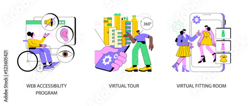 Online inclusivity abstract concept vector illustration set. Web accessibility program, virtual tour and online dressing room, websites for people with special needs, e-commerce abstract metaphor.