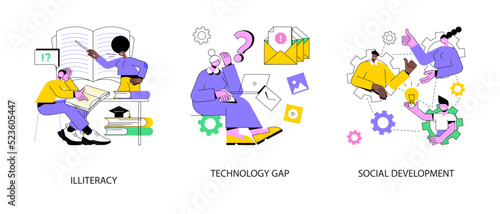 Developing country abstract concept vector illustration set. Illiteracy and technology gap, social development, children at school, digital literacy, social skills and education abstract metaphor.